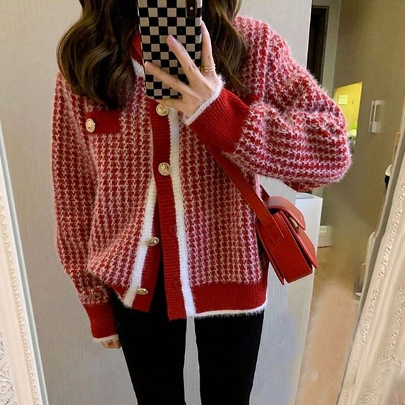 Classic Fuzzy Trim Button Front Cardigan red - Picture 4 of 4